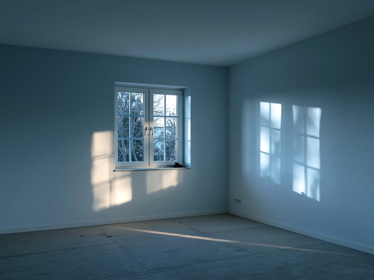 An empty finished room in cool winter morning light, window light lying square on the far wall