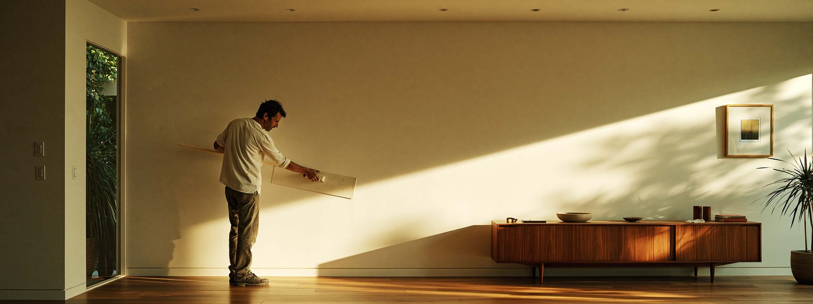 A drywaller working along a wide living room wall in late afternoon light, a walnut sideboard beside him