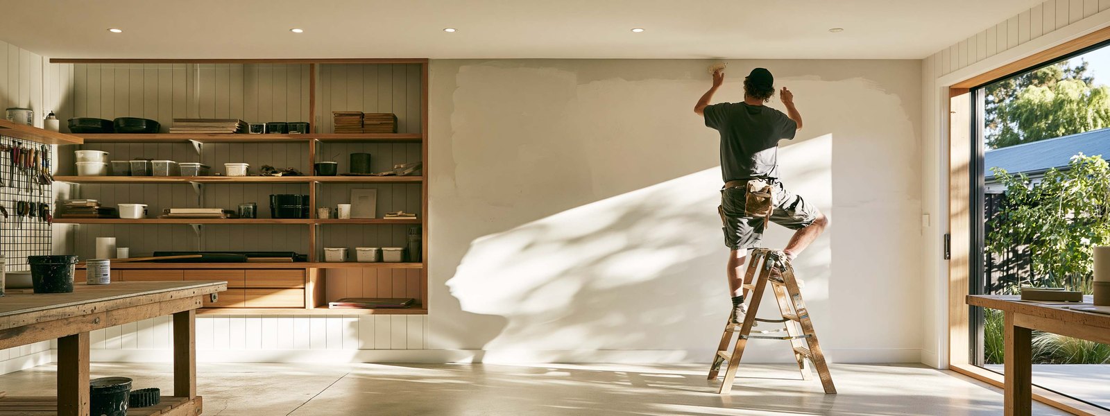 A man working at a bench in a finished garage, the door rolled open to dappled afternoon light