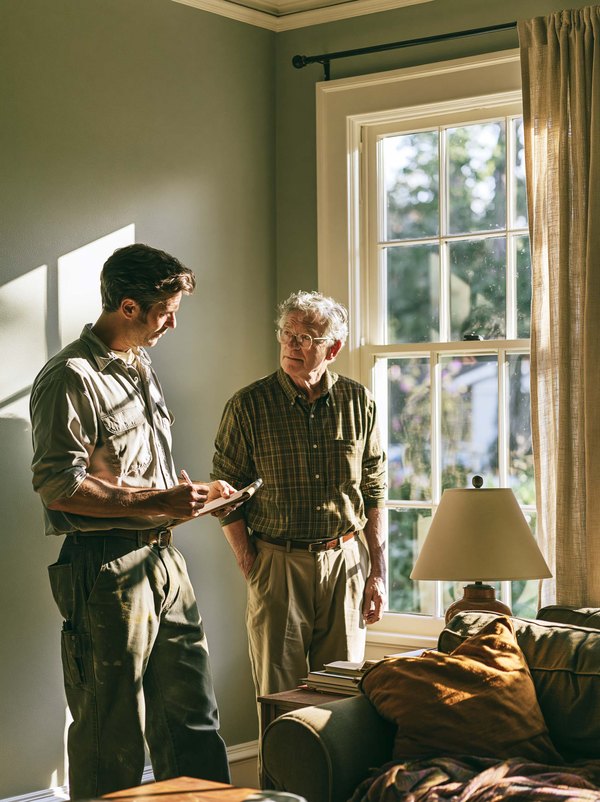A contractor with a notepad talking with a homeowner beside a living room window