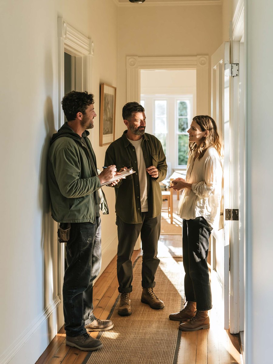 A contractor with a clipboard talking with two homeowners in the sunlit hallway of an older house