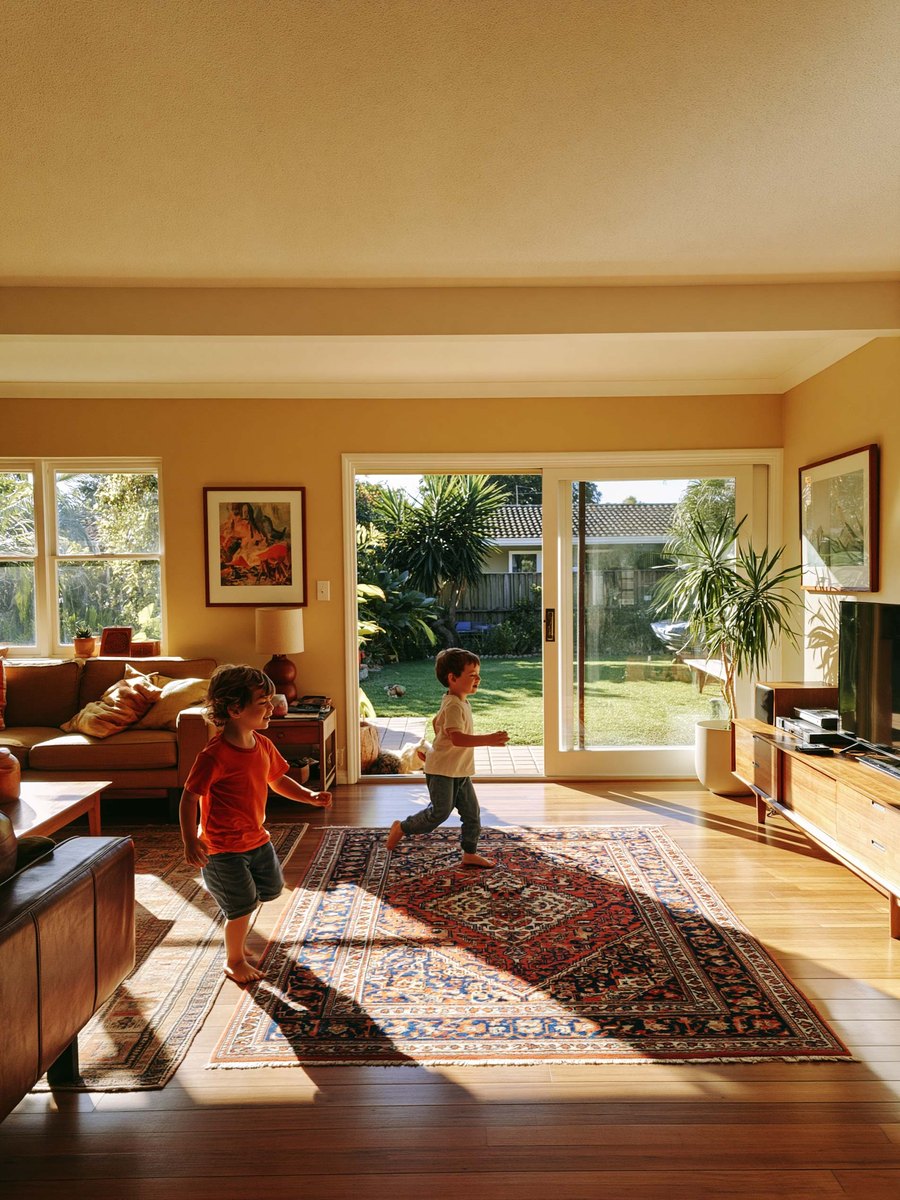 Two children running through a sunlit living room with the garden doors standing open