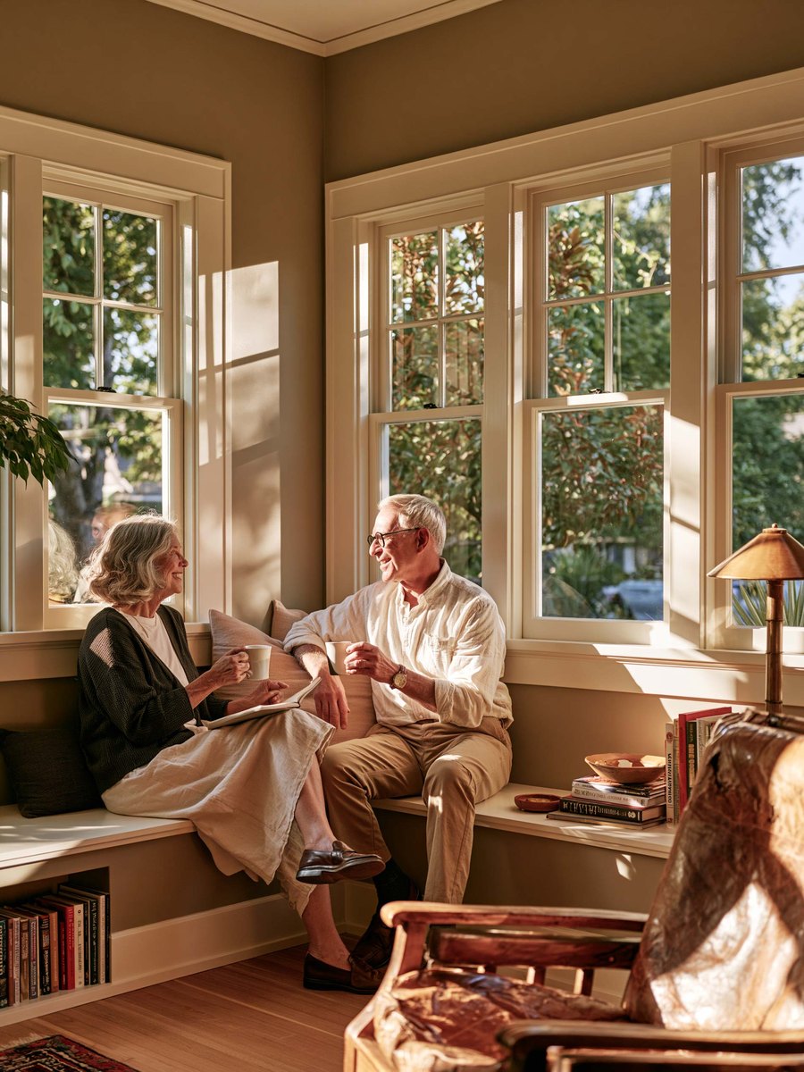 An older couple sitting with coffee in the window seat of a craftsman house