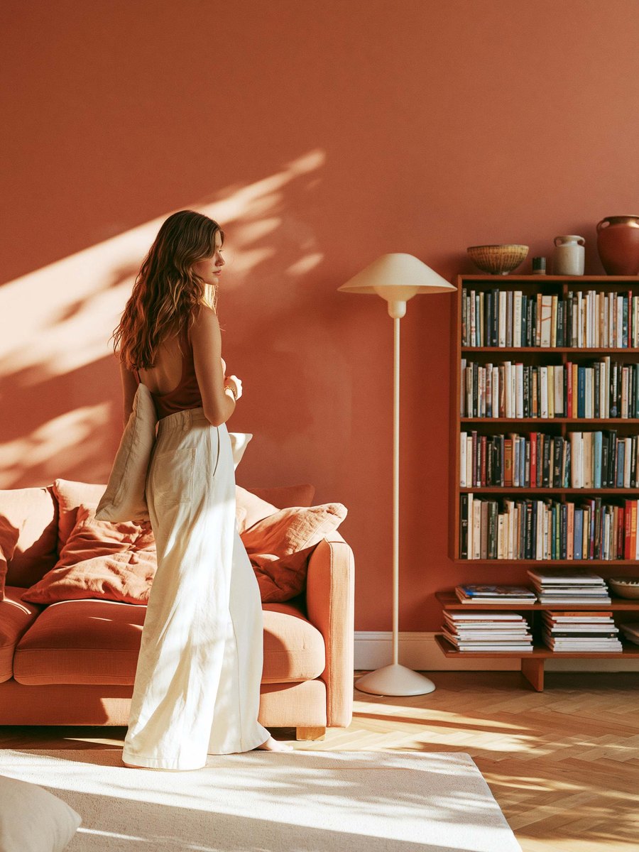 A woman standing in a warm terracotta living room beside a bookshelf, afternoon light across the wall