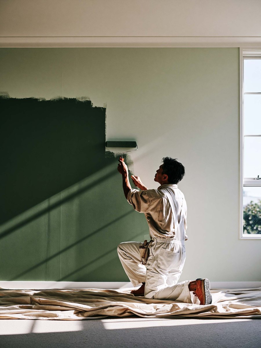 A painter kneeling to roll deep green paint onto a finished wall, drop cloth across the floor
