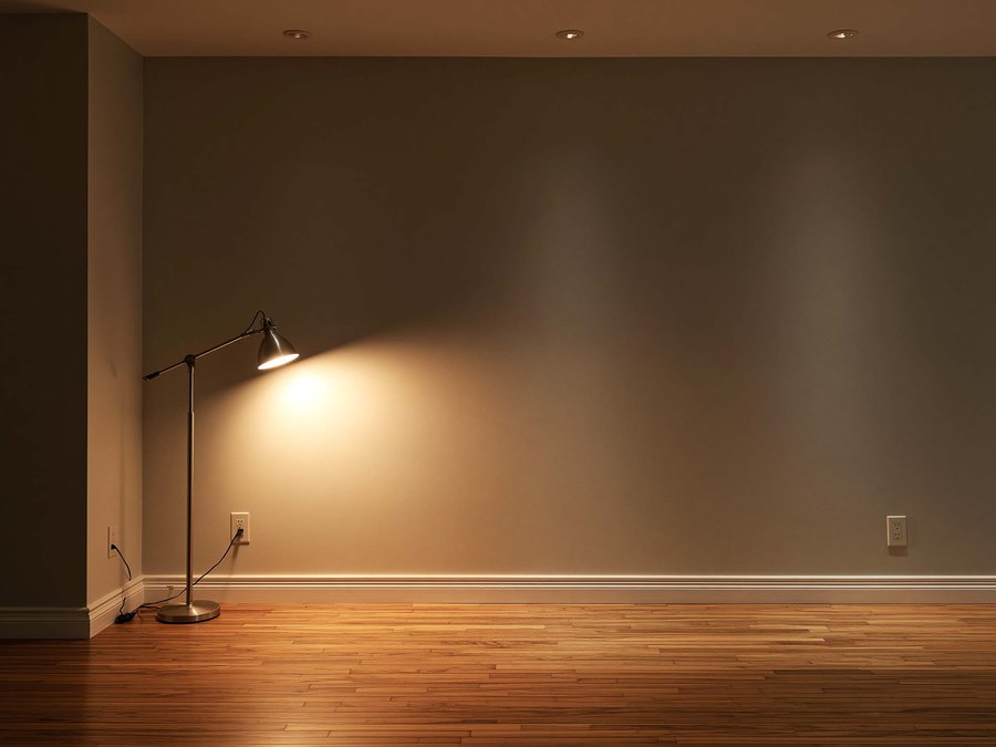 A floor lamp throwing light along a finished wall, showing an even surface