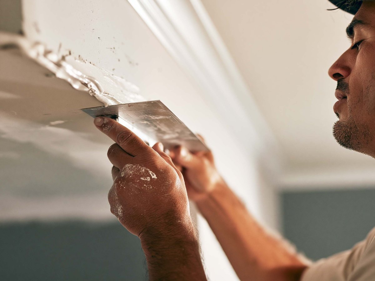 Close view of a drywaller drawing compound along the join where a ceiling meets the wall