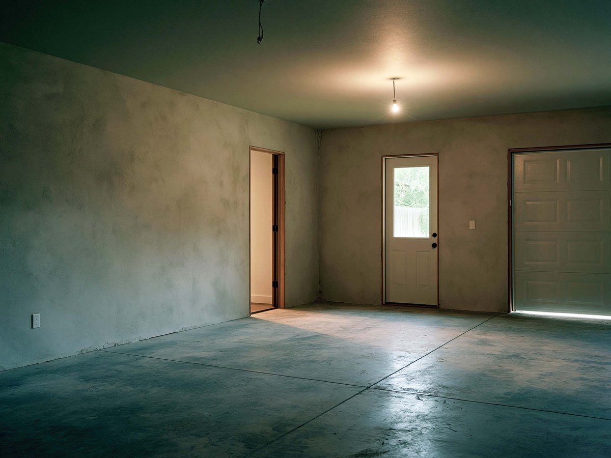 An empty finished garage lit by one bare bulb, the door through to the house standing open