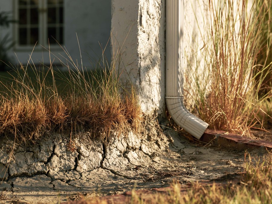 The foot of an exterior wall beside a downspout, with cracked dry soil and summer grass