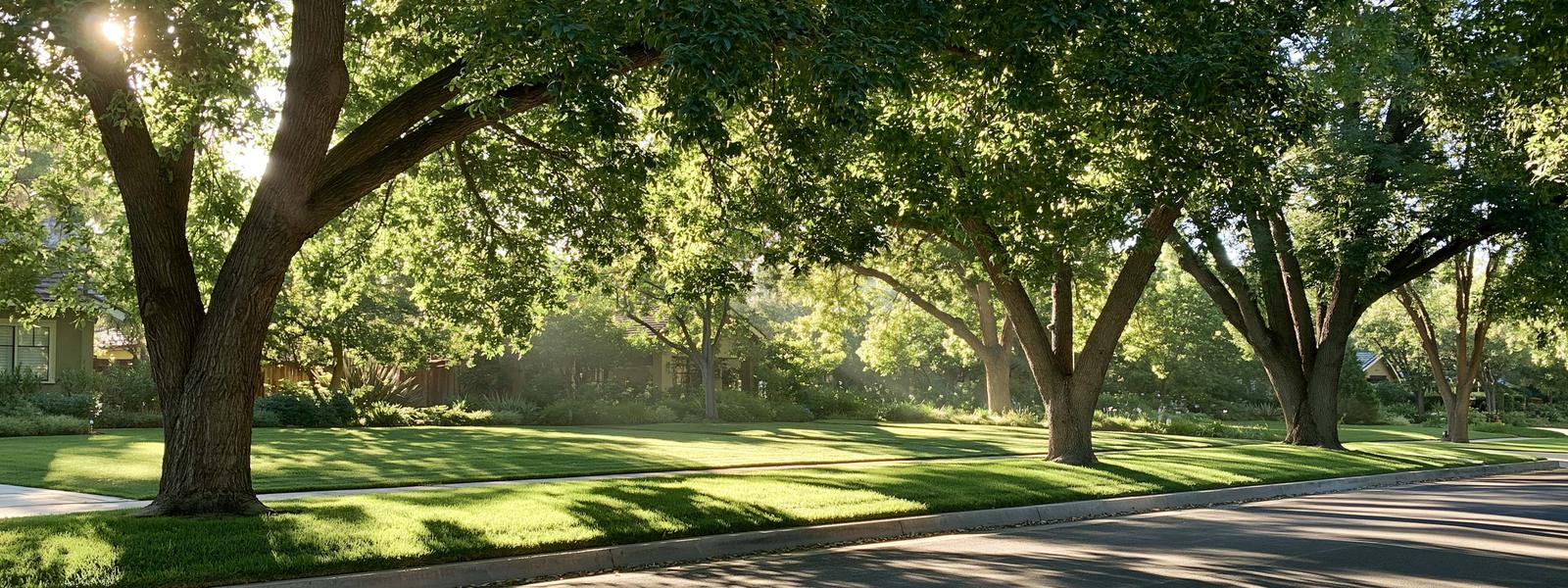 Mature street trees arching over a lawn and curb, morning sun coming through the canopy