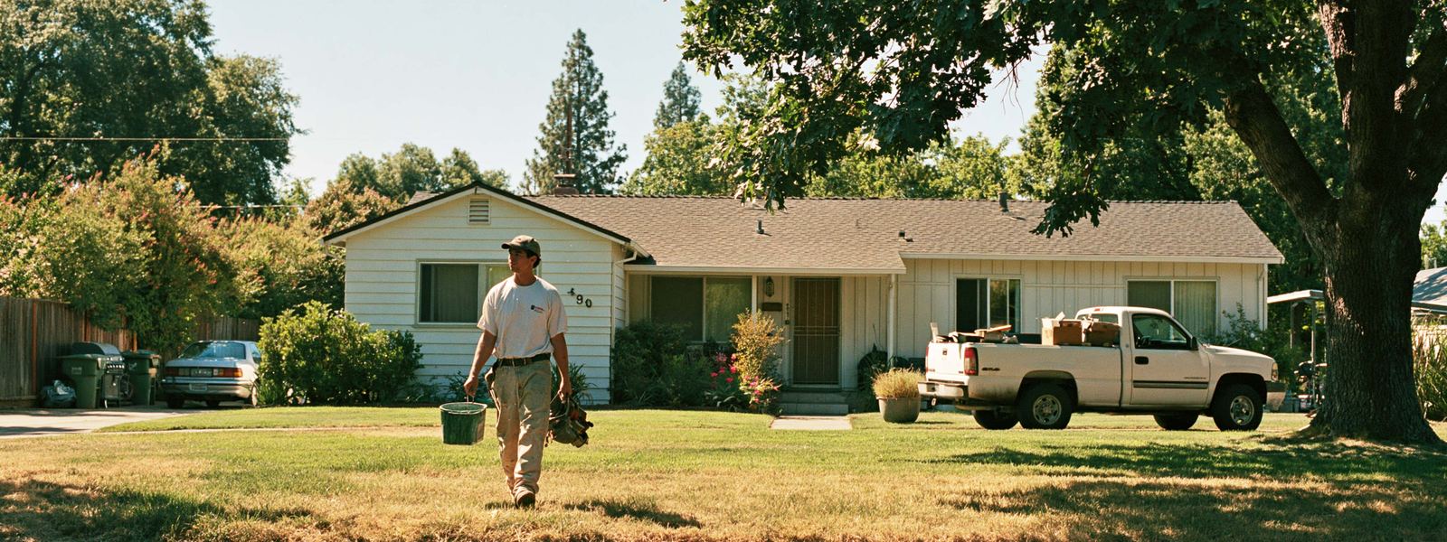 A drywaller carrying a bucket across the front lawn of a single story Sacramento ranch house, his truck in the driveway