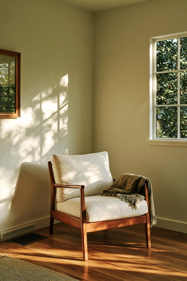 A quiet corner with a repaired and repainted wall, an armchair and low afternoon light across the floor