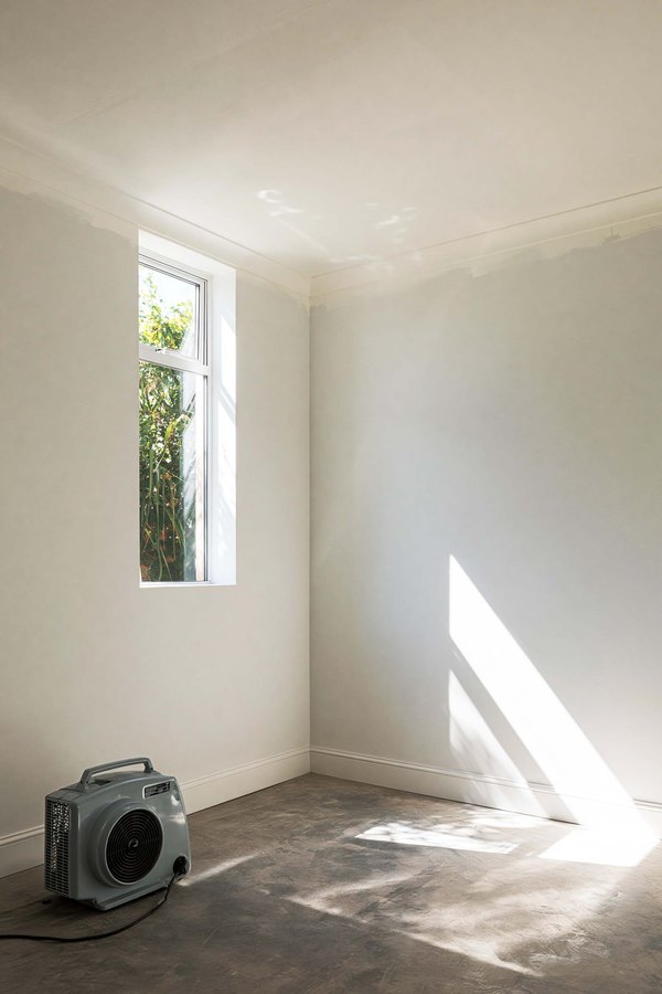 An air mover running in a stripped corner, drying the wall and floor after a leak