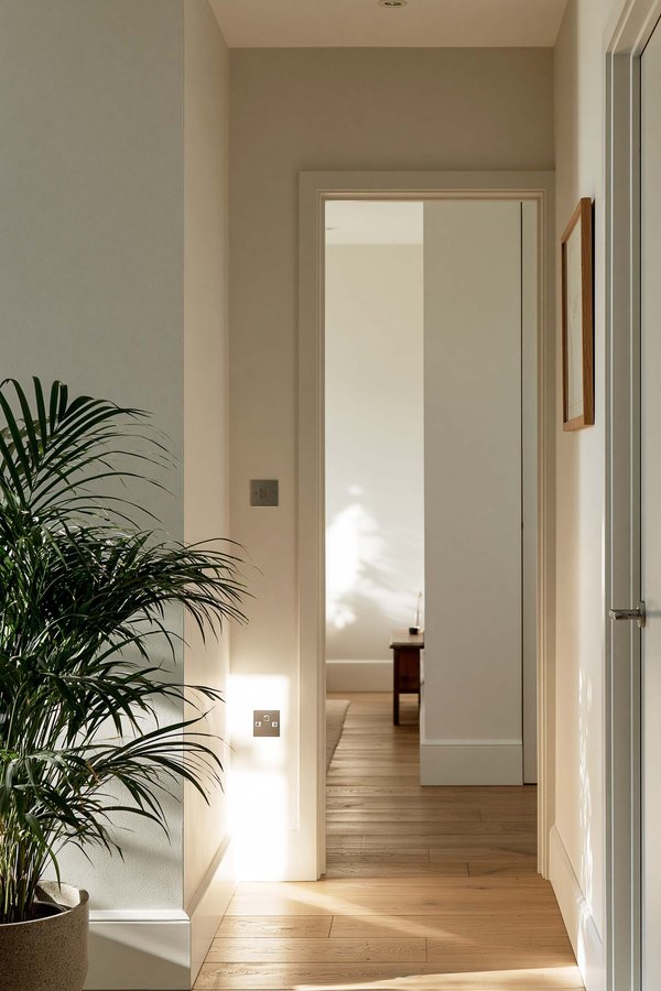 A hallway with patched and repainted walls opening into a sunlit room