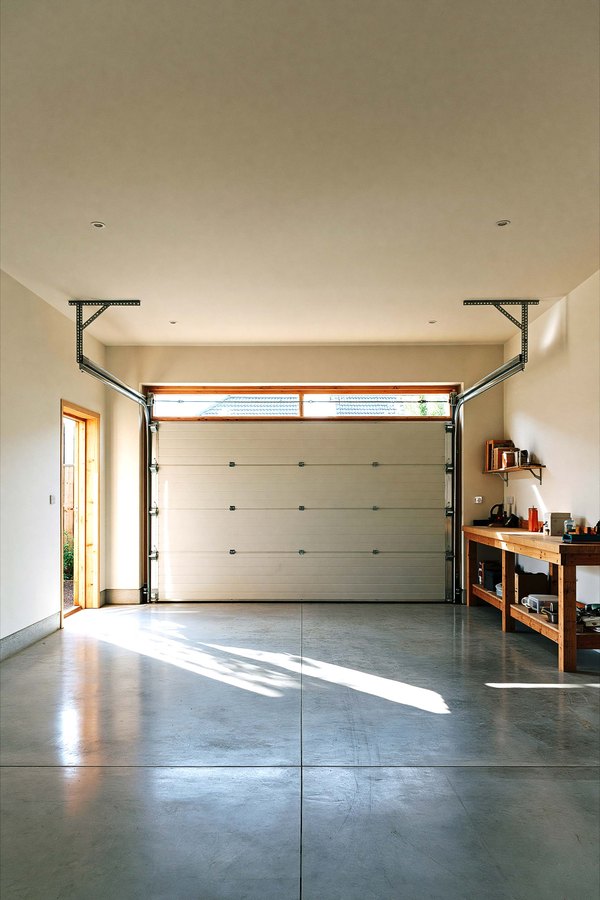 A finished garage with boarded walls, a workbench and a sealed concrete floor