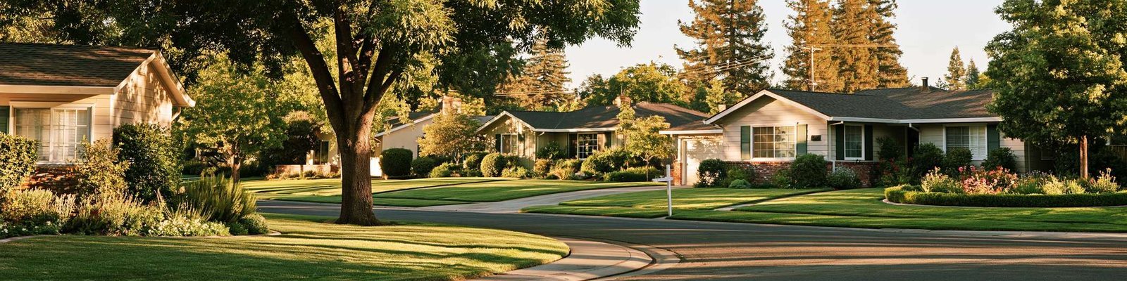 A postwar street of single story ranch houses under mature shade trees